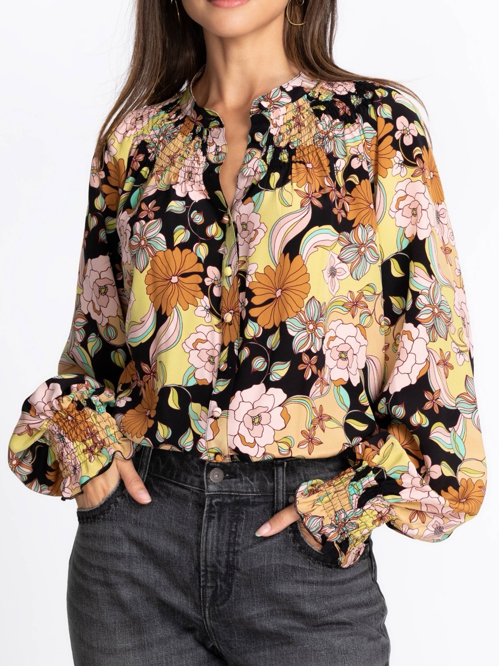 Johnny Was Diana 100% Silk Floral Shirred Button Down Long Sleeve Blouse Top S